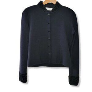 Dana Buchman wool Cardigan Sweater SZ Small black collar and sleeve Beading